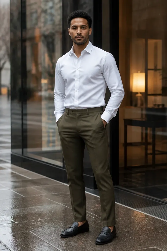White poplin shirt tucked into olive trousers with black leather loafers