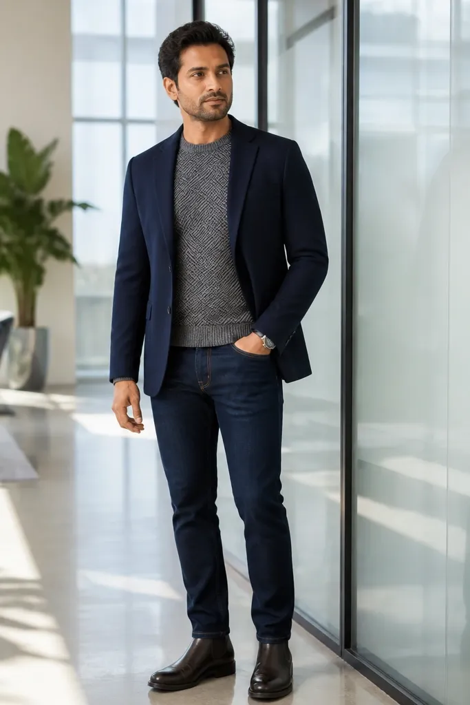 Navy blazer over a grey patterned sweater with dark jeans
