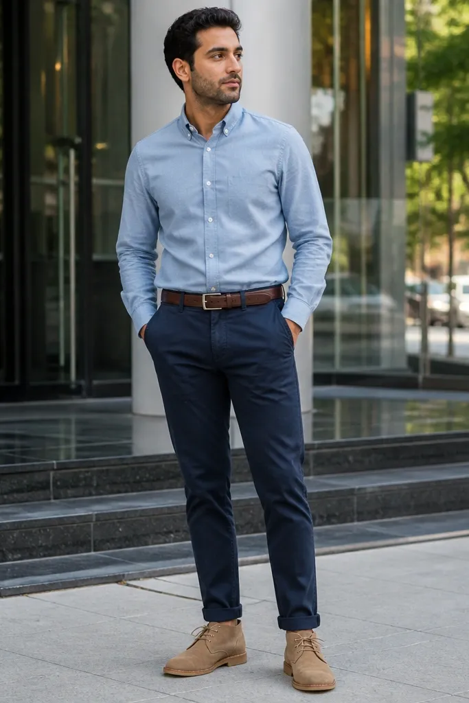 Light chambray shirt with navy chinos and desert boots