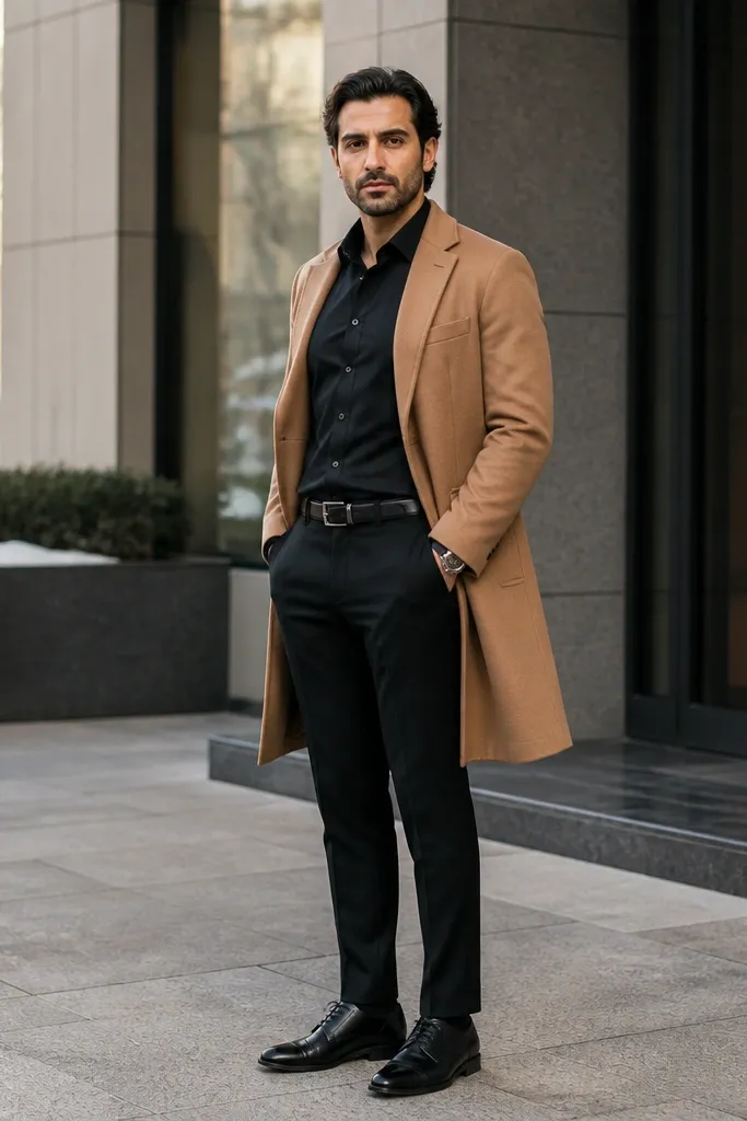 Black button-down with black trousers and a camel overcoat