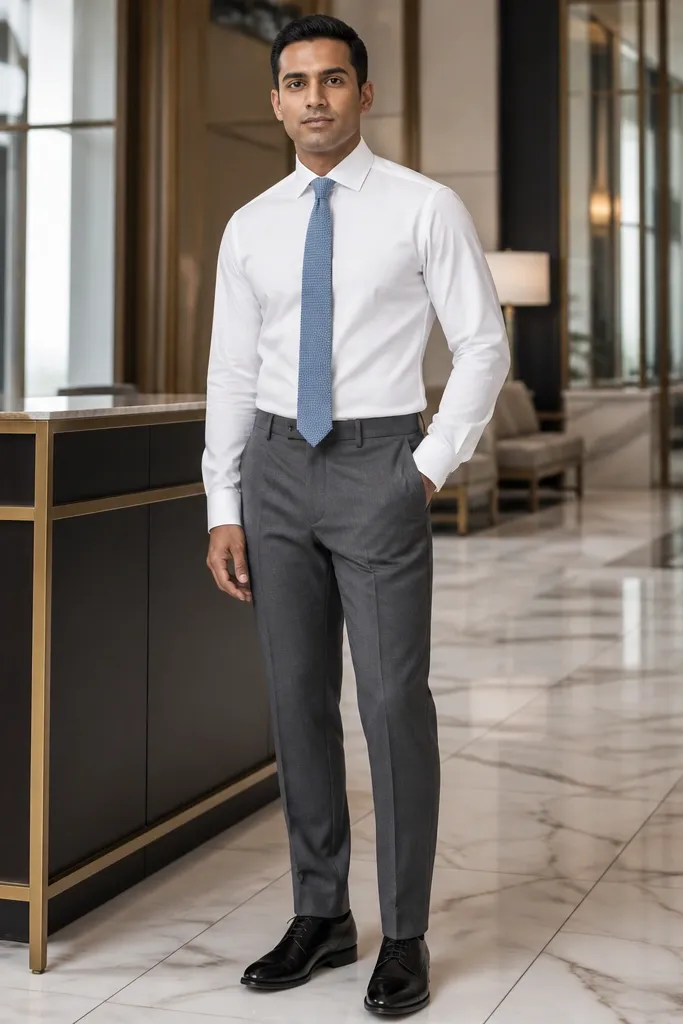 White shirt with sky-blue knit tie and grey suit trousers