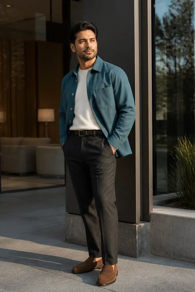 Teal overshirt over cream crewneck with dark slacks