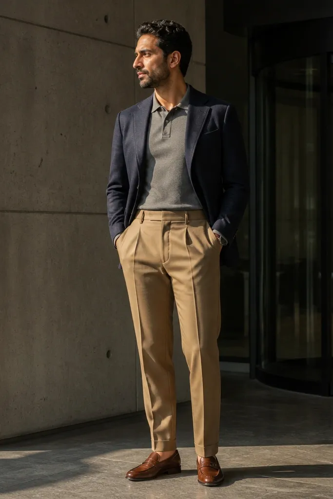 Grey polo under a navy blazer with tan trousers