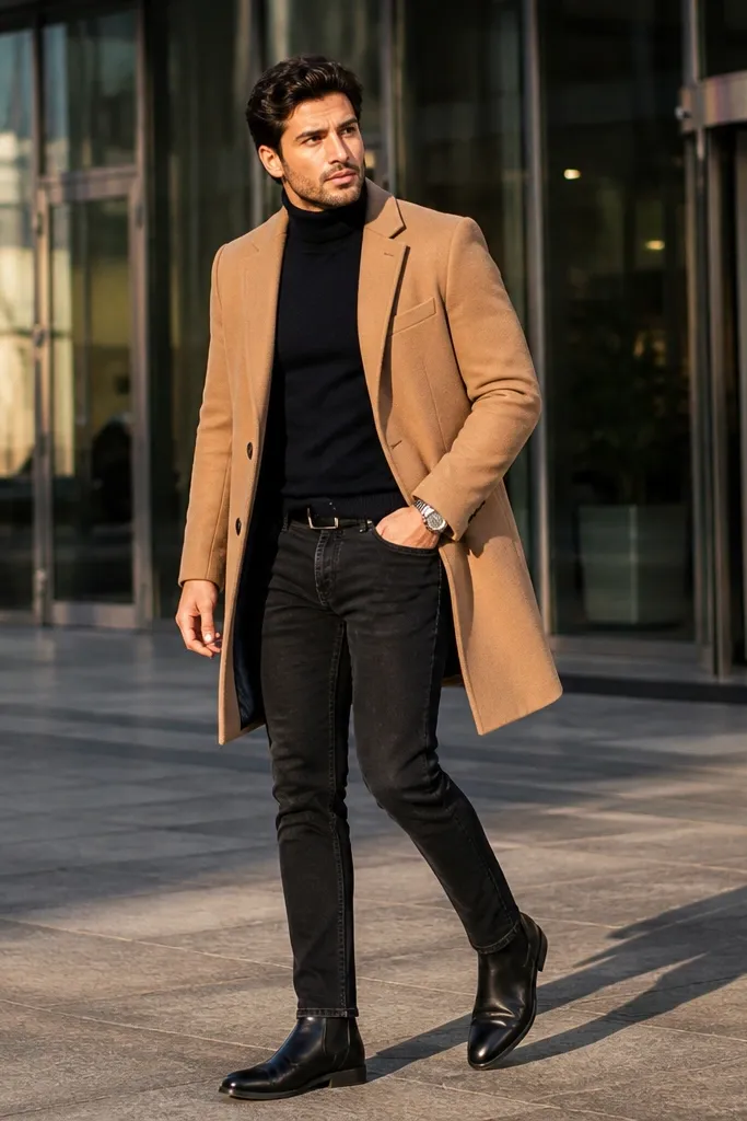 Camel overcoat over navy turtleneck with black jeans