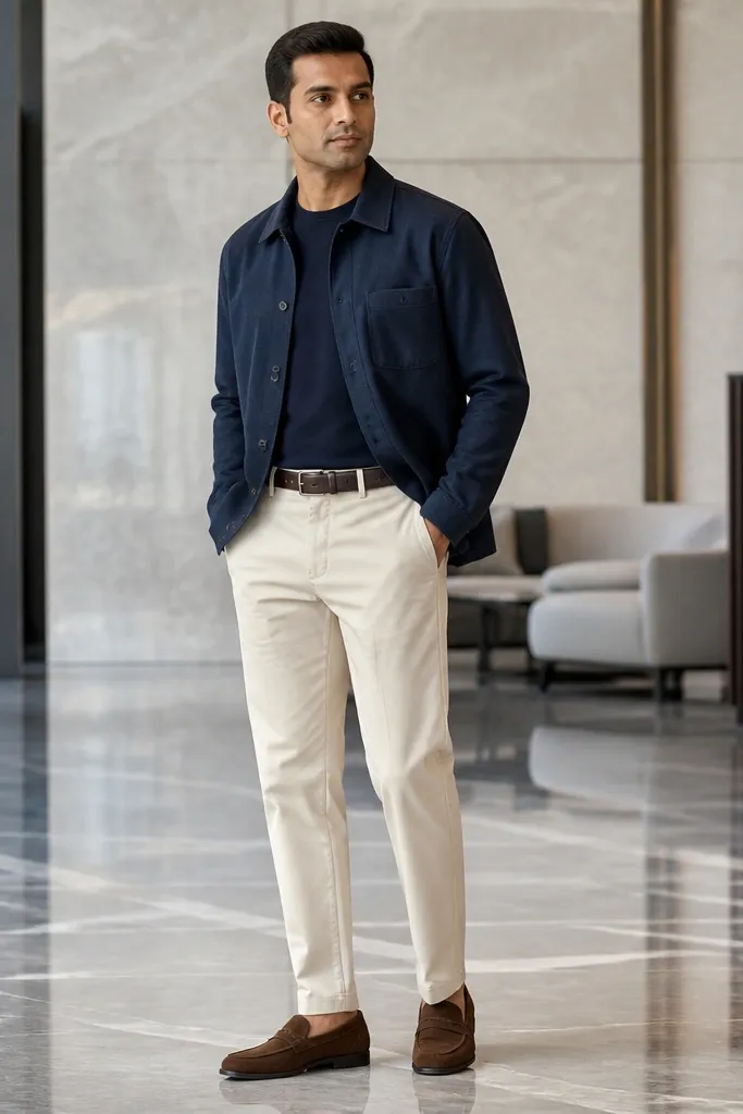 Navy shirt jacket with cream chinos and dark brown belt