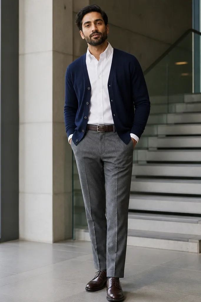 White oxford shirt with navy merino cardigan and grey trousers