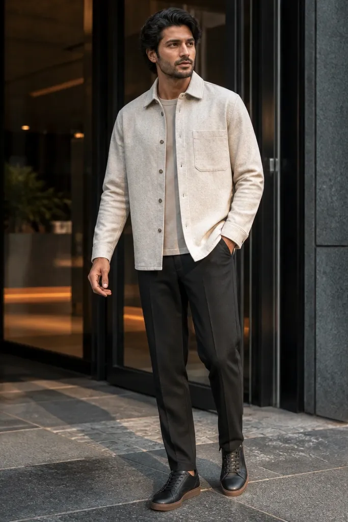 Oatmeal overshirt over black chinos with black leather sneakers