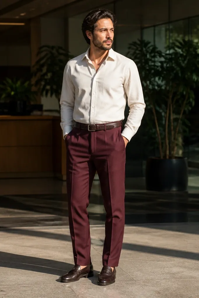 Cream button-down with burgundy trousers and brown loafers