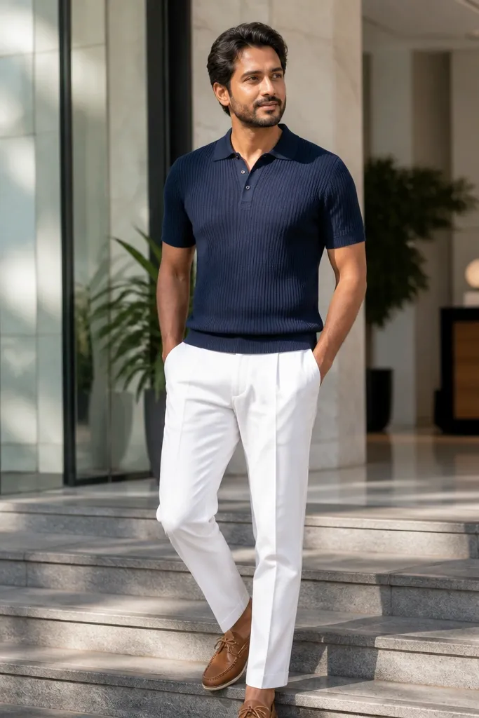 Navy polo with white trousers and tan boat shoes