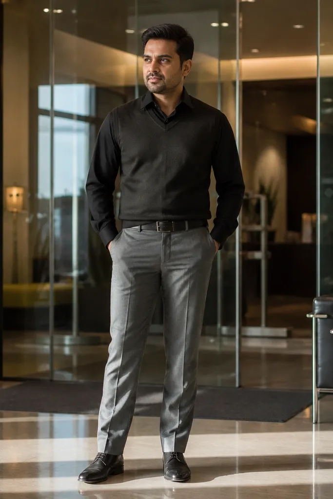 Black dress shirt with knit vest and slate grey suit trousers