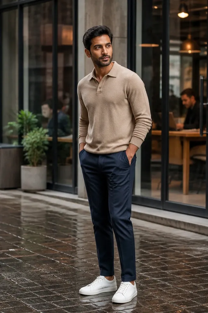 Tan knit polo with navy chinos and white low-top sneakers