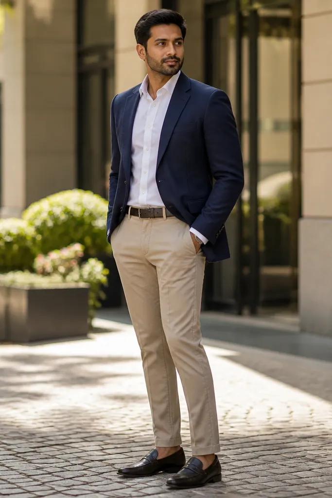 Navy blazer with white poplin shirt, stone chinos, brown leather loafers.