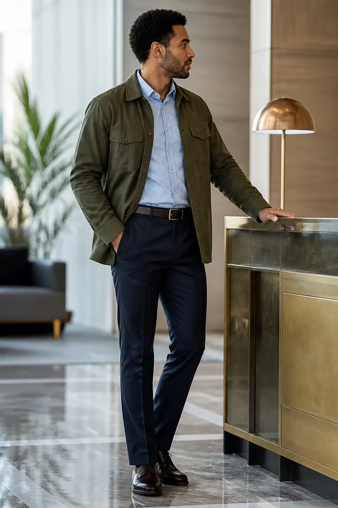 Olive overshirt over a light blue Oxford, dark indigo trousers, dark brown boots.