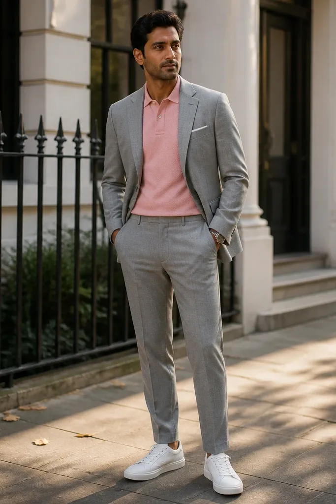 Light gray trousers with a pale pink knit polo and white sneakers.