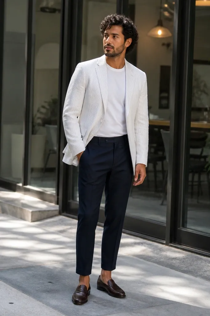 Seersucker blazer over a white tee with navy trousers and tan loafers.