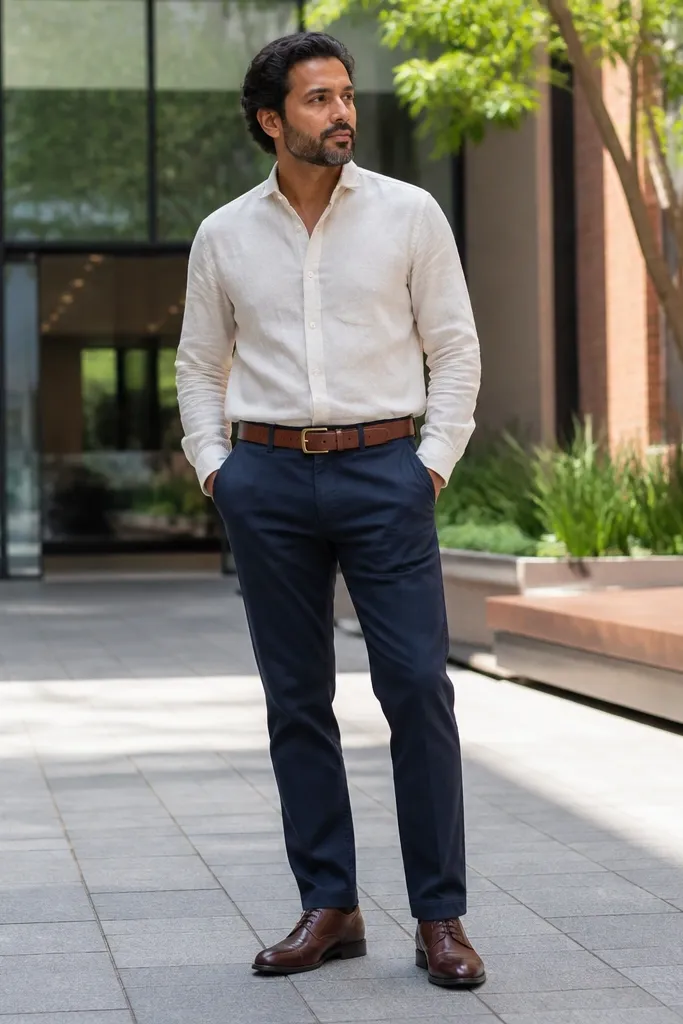 Cream linen shirt untucked with navy chinos and cognac leather belt.