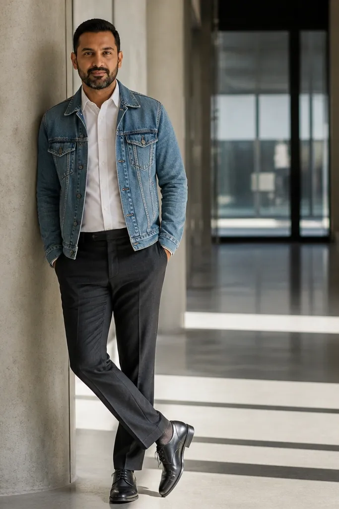 White poplin shirt under a light denim jacket with dark trousers and black loafers.