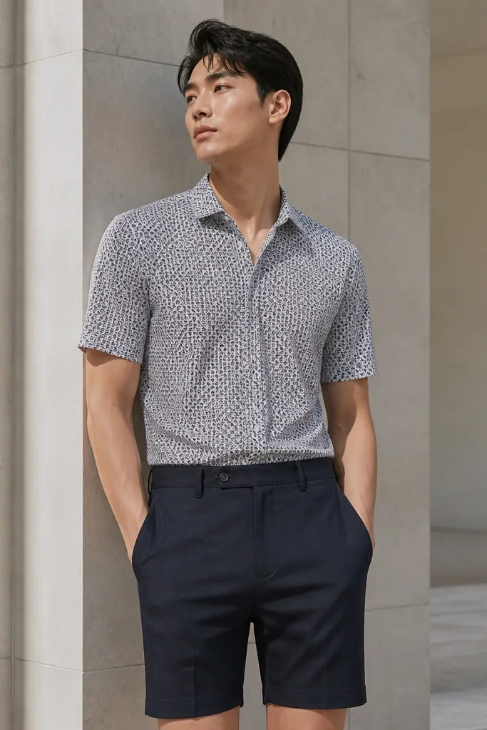 Muted patterned short-sleeve shirt with tailored shorts and leather sandals.