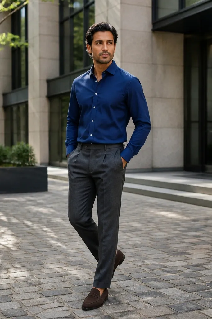 Charcoal trousers with cobalt blue button-down and brown suede loafers.
