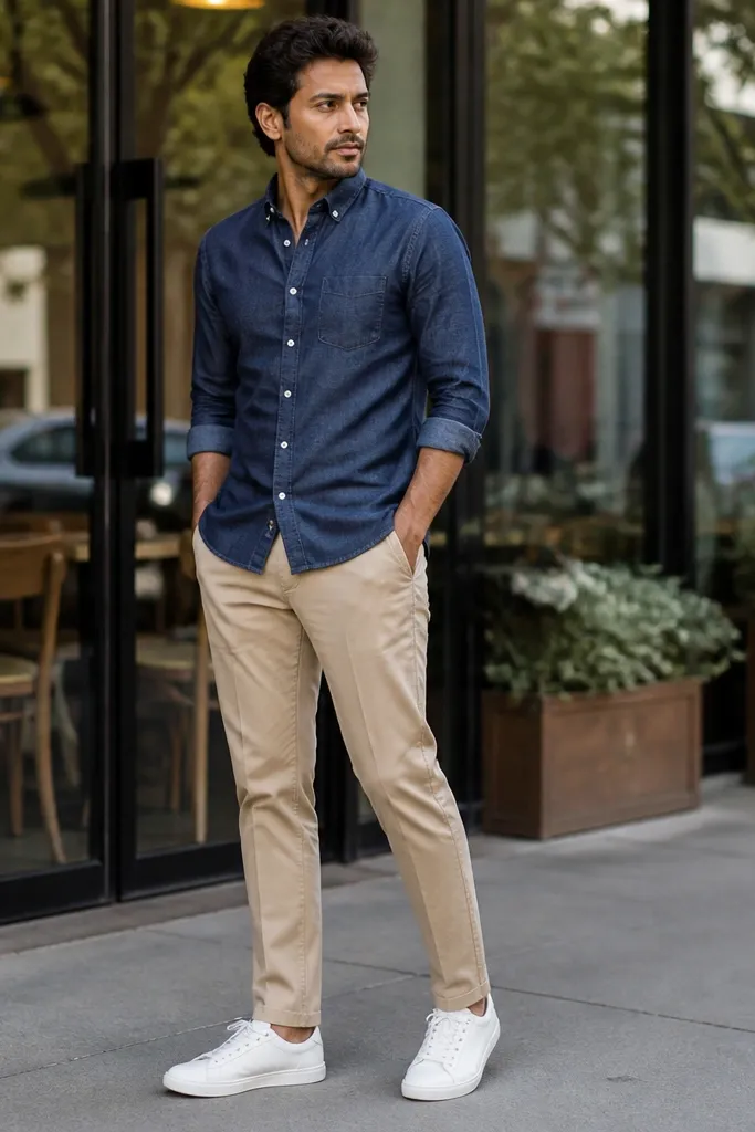 Tan chinos with navy chambray shirt and white sneakers.