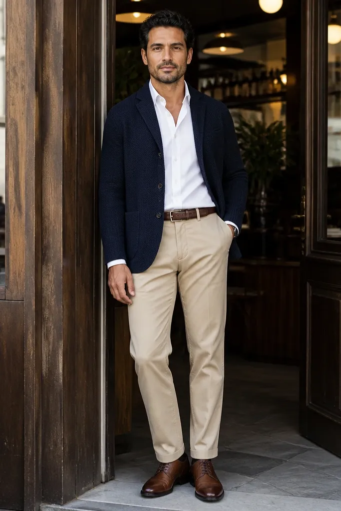Navy knit cardigan-jacket over white shirt with beige trousers and dark loafers.