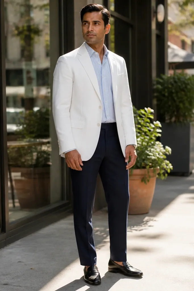 White blazer with pale blue striped shirt and navy trousers, tan loafers.