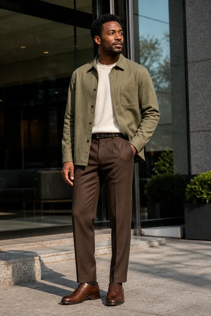 Sage overshirt over off-white crewneck with dark brown trousers and leather boots.