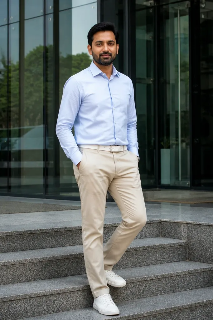 Light blue dress shirt with beige chinos and white leather belt.
