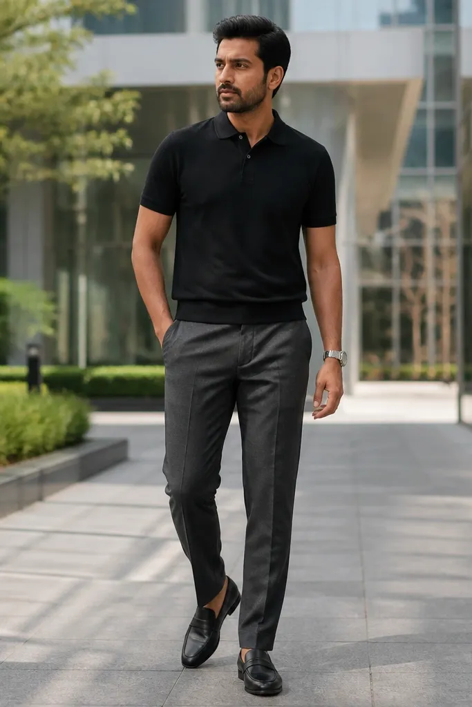 Black polo with charcoal trousers and black leather loafers.
