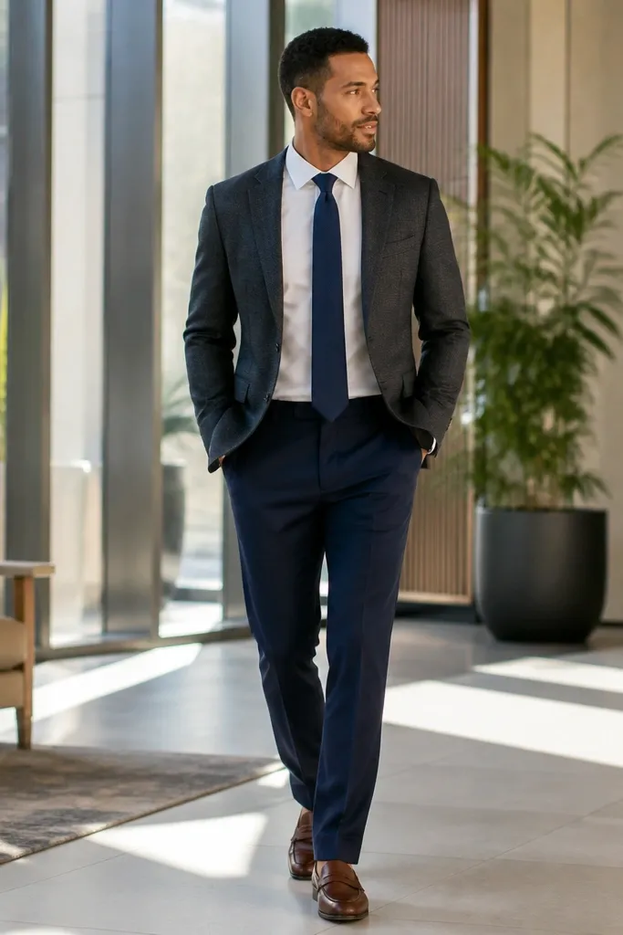 White shirt with navy tie and open blazer over navy trousers, brown loafers.