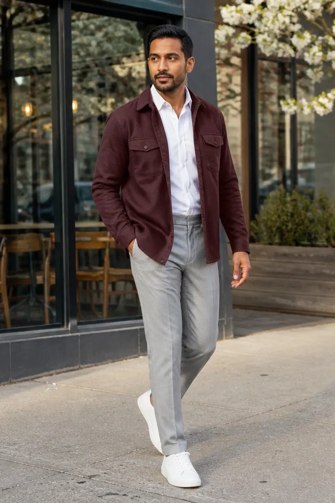 Burgundy overshirt over light shirt with light gray trousers and white sneakers.