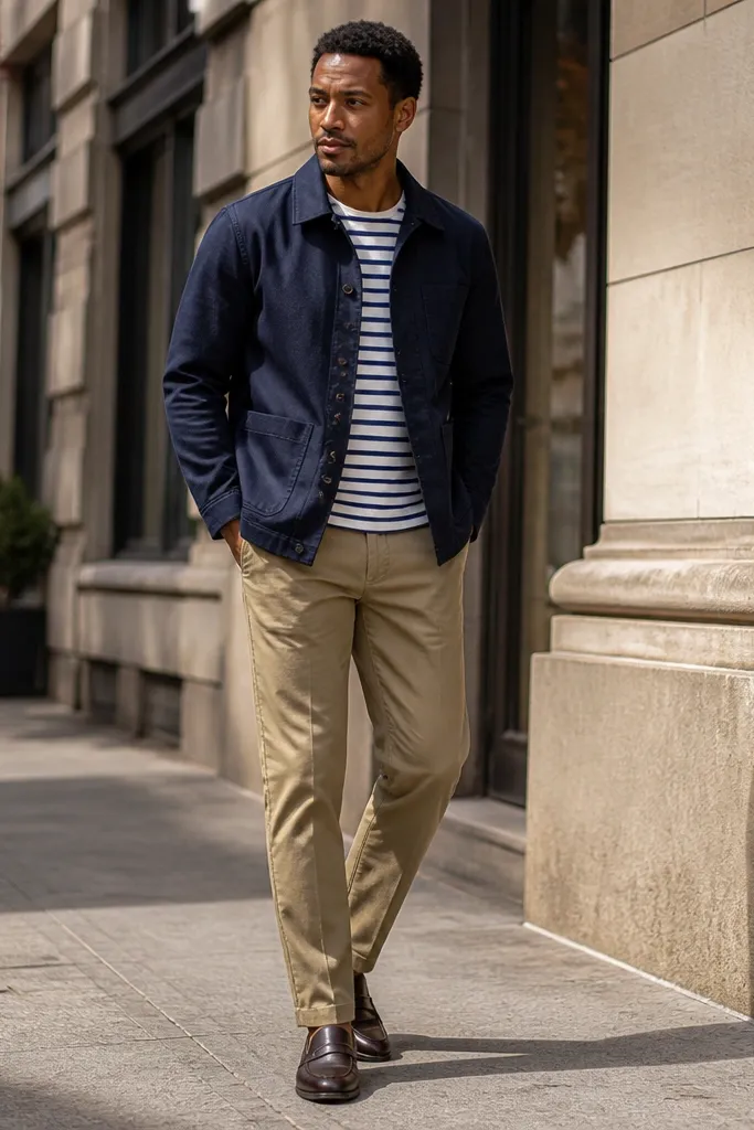 Navy chore coat over striped tee with khaki chinos and brown loafers.