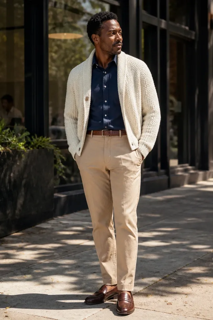 Cream knit cardigan over navy button-down with tan trousers and dark loafers.