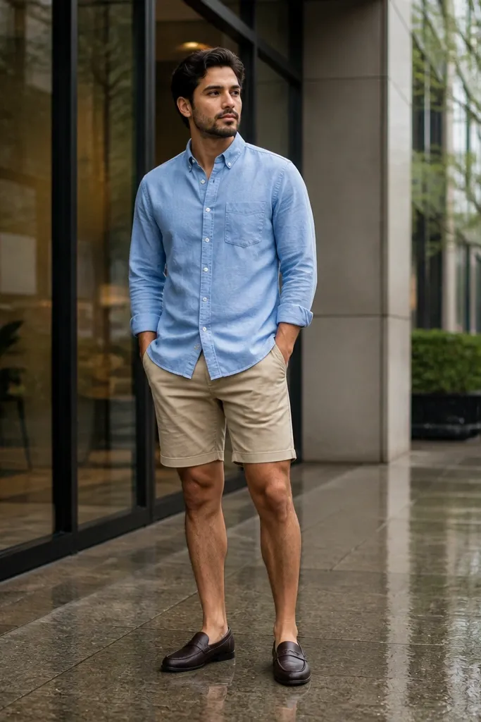 Blue chambray shirt with beige tailored shorts and loafers.