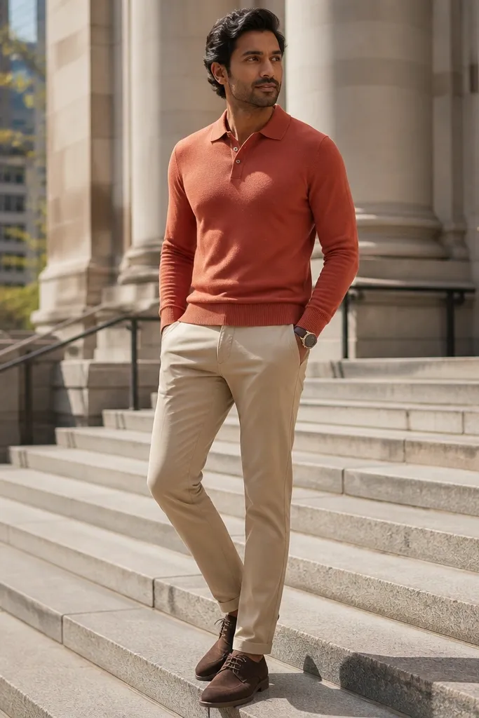 Terracotta knit polo with sand chinos and brown suede shoes