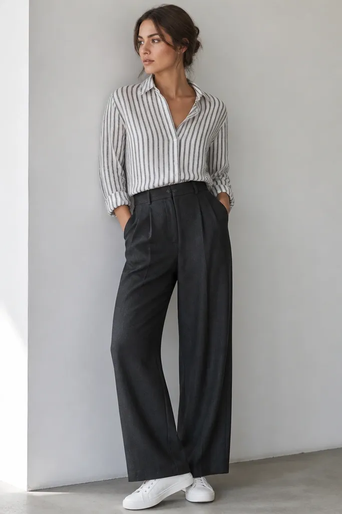 A women's outfit photo: black-and-white striped linen shirt buttoned to the second button, charcoal wide-leg trousers, and clean white low-top sneakers. The shirt hem is tucked neatly, and the collar looks structured with a slight crease.