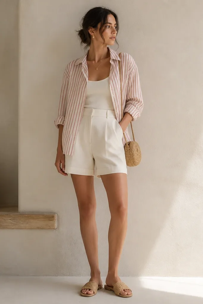 A women's outfit photo: linen button-up with thin red-and-cream stripes, worn half-buttoned over a cream camisole. Ecru tailored shorts sit high on the waist, and woven slides in natural jute sit on the floor. A small straw crossbody bag appears at the side.