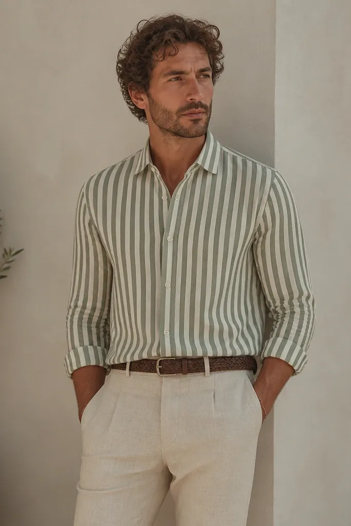 A men's outfit photo: green-and-cream striped linen shirt worn buttoned, with beige linen-blend trousers and a braided belt. Minimal jewelry, and the shirt hem sits just above the belt line with a clean break.