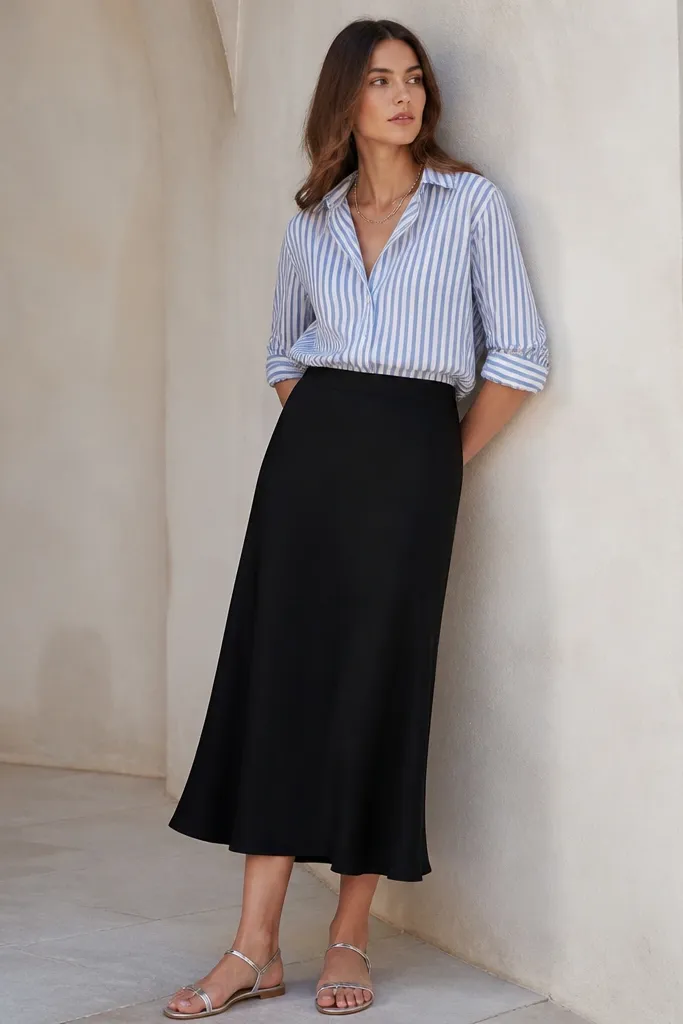 A women's outfit photo: black midi skirt with a smooth drape, vertical blue-and-white striped linen shirt worn tucked in, and silver flat sandals. The shirt sleeves are rolled neatly, and a thin silver necklace sits at the collar.