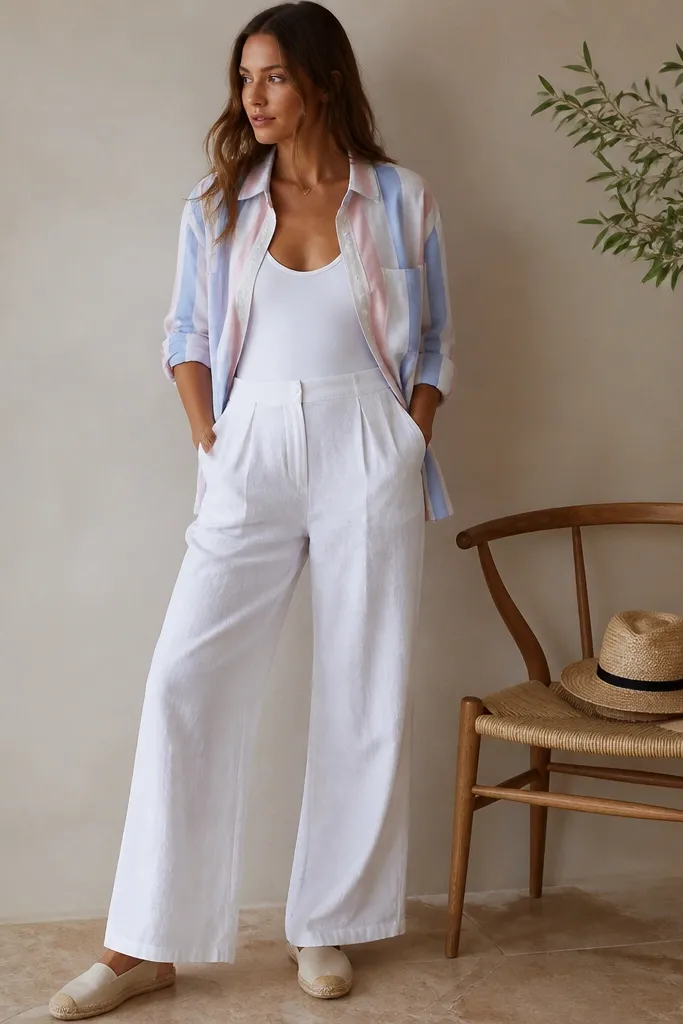 A women's outfit photo: pastel striped linen shirt (light blue, pale pink, cream) worn open over a white bodysuit. White wide-leg pants flow to the ankle, with tan espadrilles and a small straw hat resting on a chair.