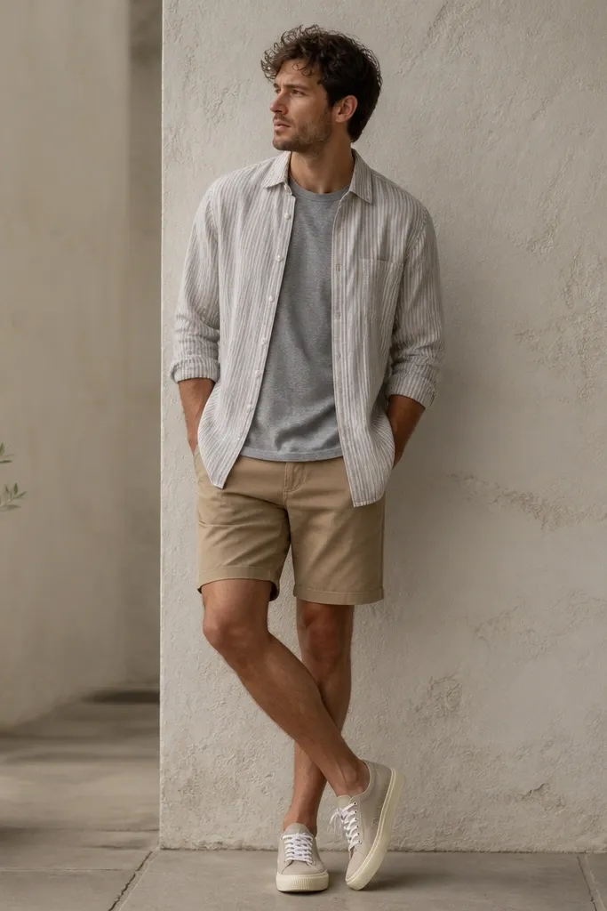 A men's outfit photo: striped linen overshirt worn over a plain gray tee, khaki shorts, and canvas sneakers with off-white soles. The overshirt is unbuttoned, sleeves rolled twice, and the shirt length covers the waistband.