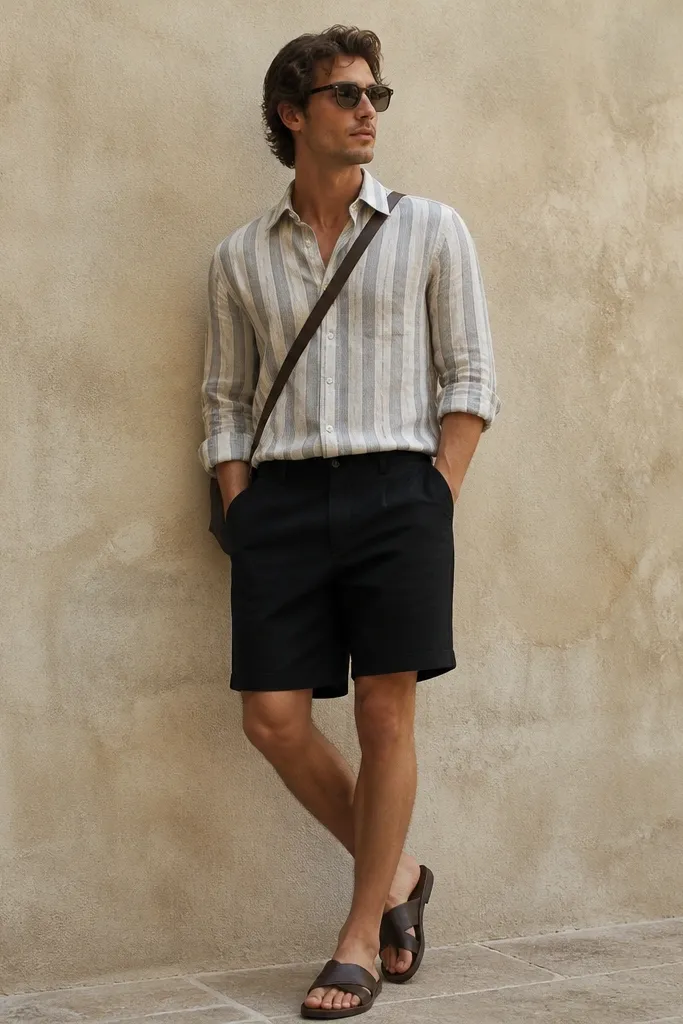 A men's outfit photo: striped linen shirt buttoned with the collar open, black bermuda shorts, and dark leather slides. A crossbody bag strap crosses the torso, and the shirt hem sits slightly above the shorts waistband.