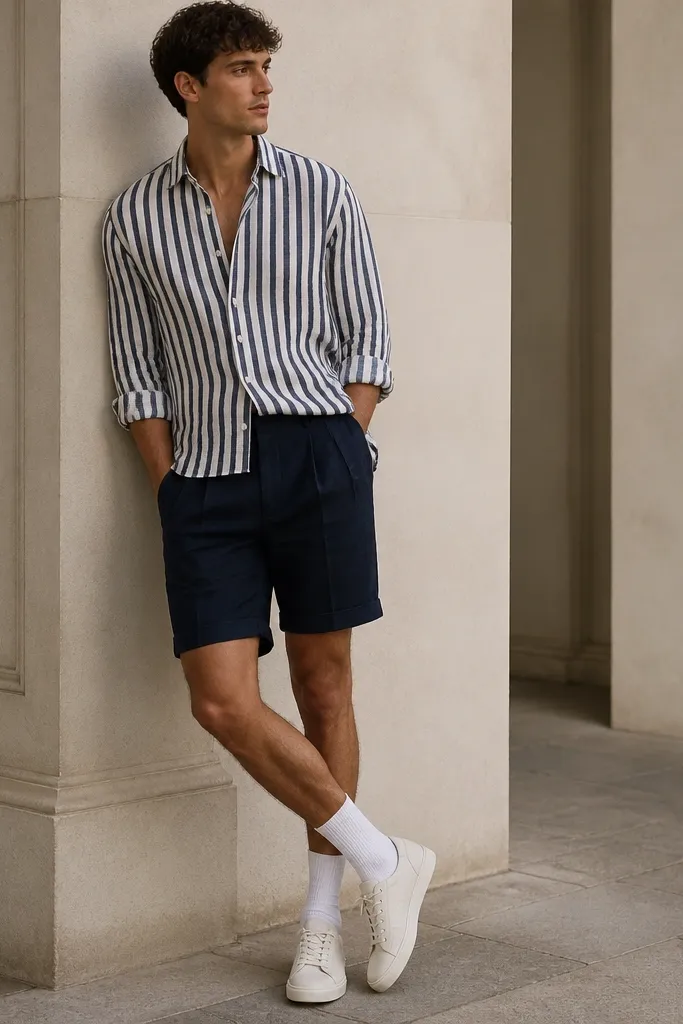 A men's outfit photo: wide navy-and-white striped linen shirt with sleeves rolled to mid-forearm, navy tailored shorts with a slight pleat, and white crew socks with low-top sneakers. The shirt is half-tucked and the collar is relaxed.