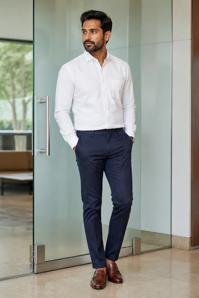 White Oxford shirt with navy chinos and brown suede loafers