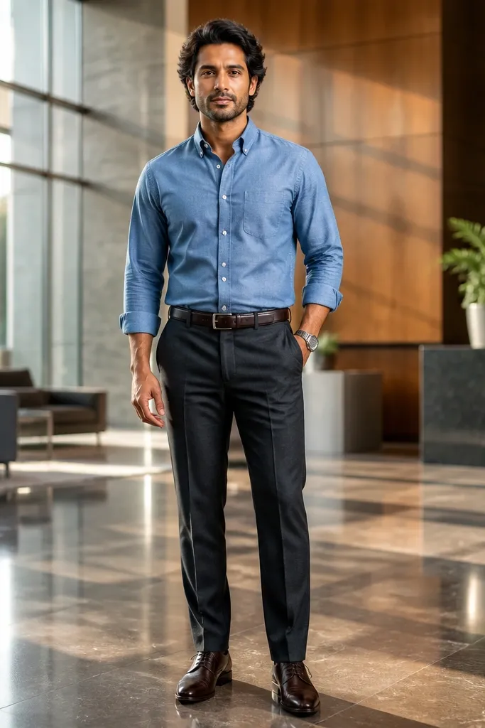 Light blue chambray shirt with charcoal trousers and black leather loafers