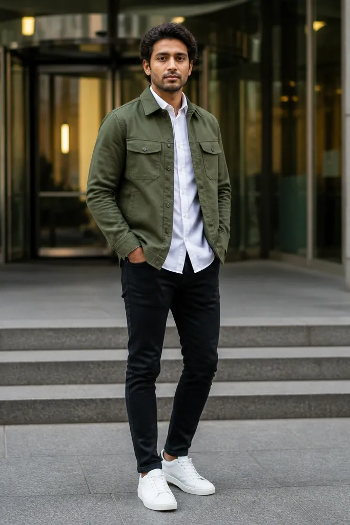Olive overshirt over black jeans with clean white sneakers