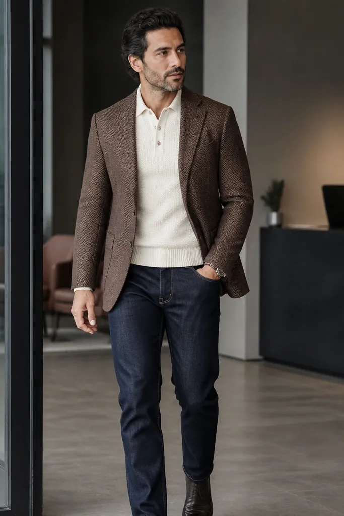 Brown wool blazer over a cream knit polo with dark denim jeans
