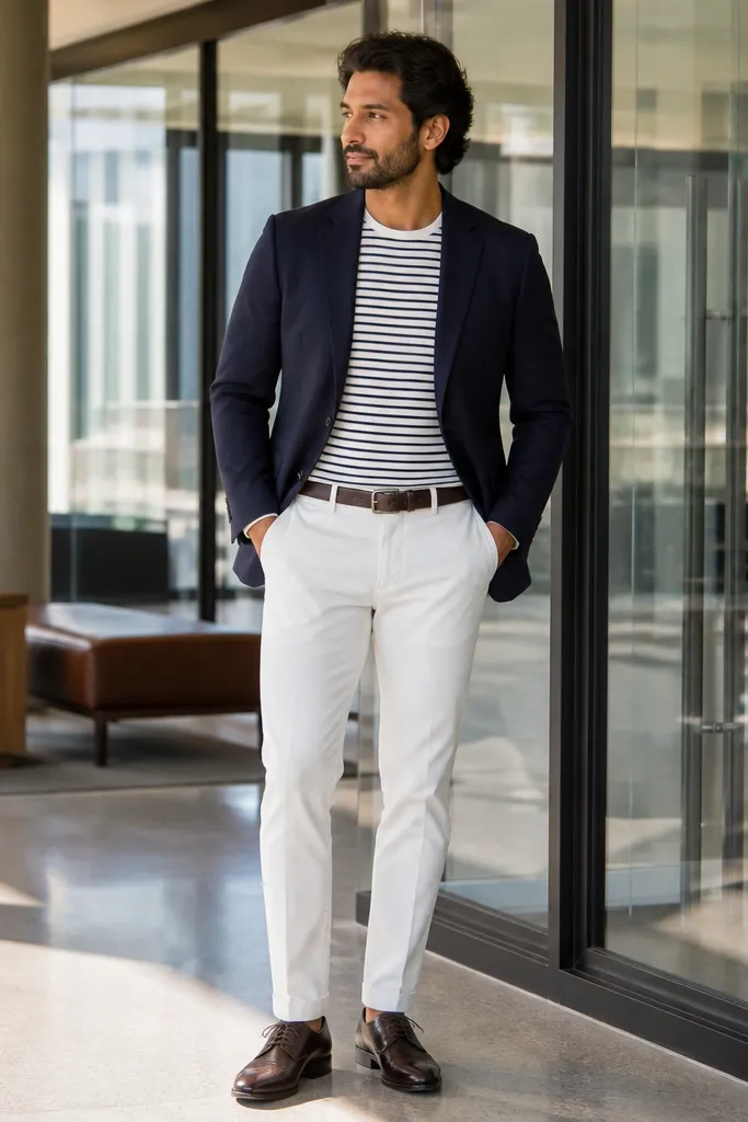 Navy blazer with white tapered chinos and a navy-and-white striped tee