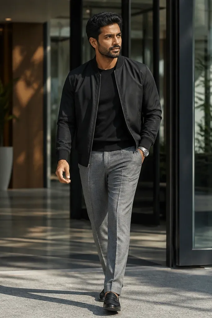 Black bomber over a black crew tee with light gray trousers