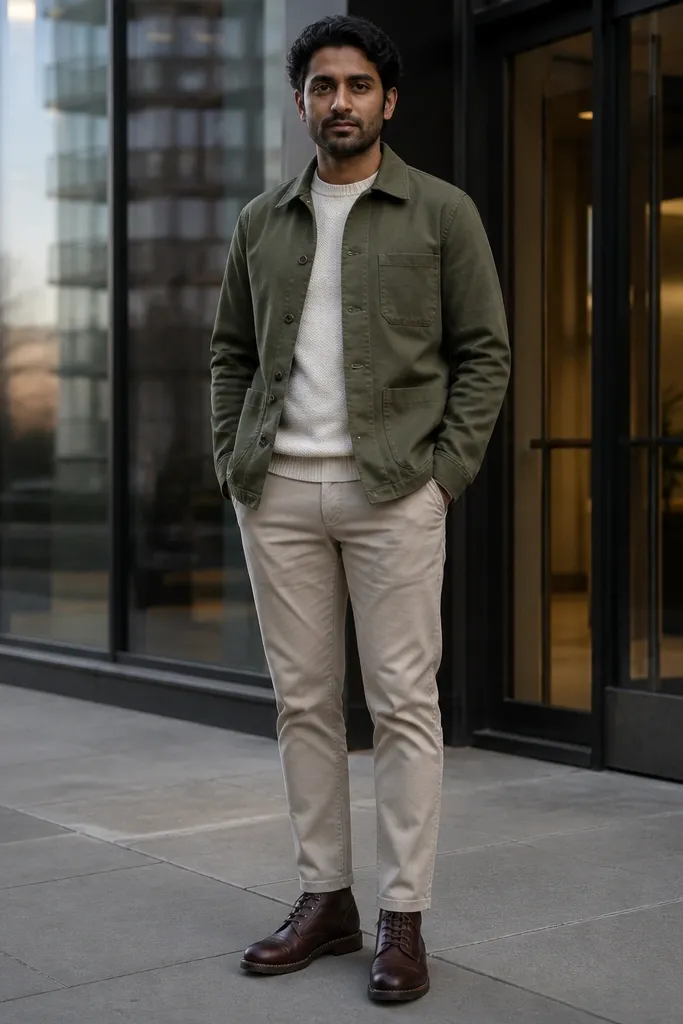 Olive chore jacket with beige chinos and dark brown lace-up boots
